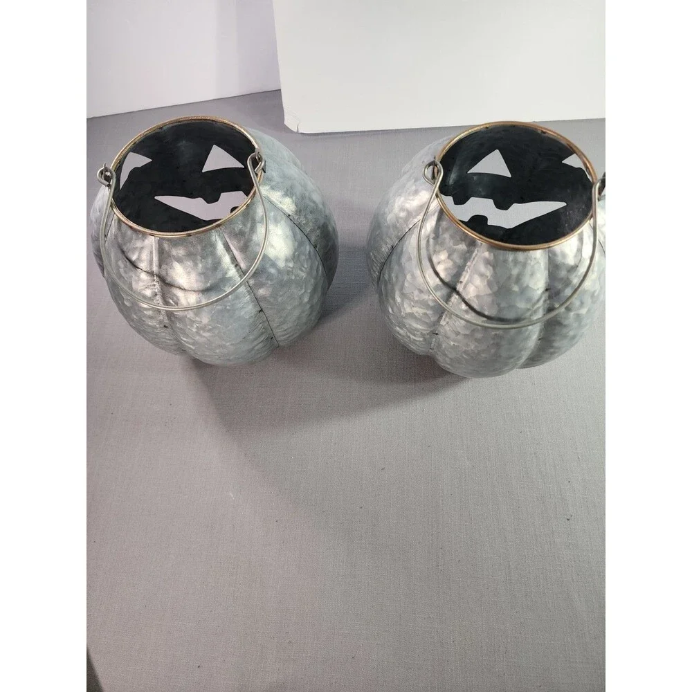 Rustic Galvanized Metal Pumpkin Lanterns Jack-O'-Lantern Halloween Decor Set of
